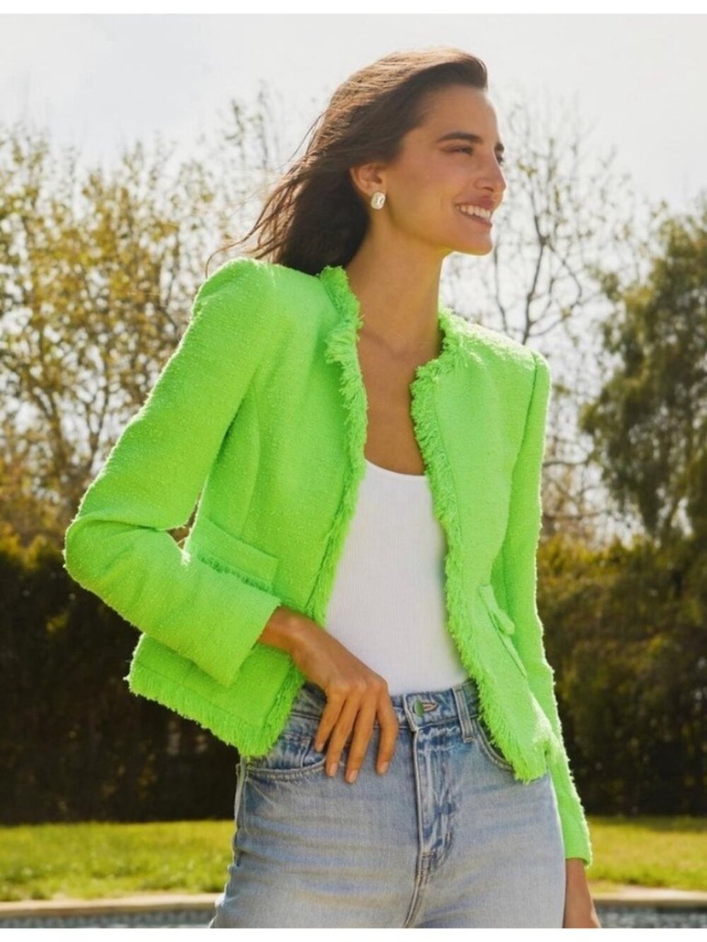 L'Agence Angelina Open Front Fringe Blazer in Lime Green - Picture 2 of 8